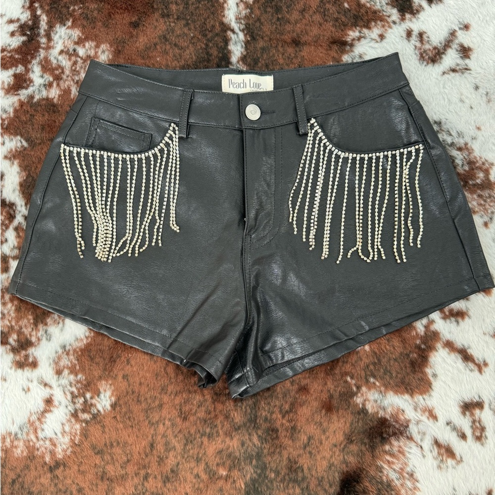 Peach Love California Faux Leather Shorts With Rhinestone Pocket Fringe - Small